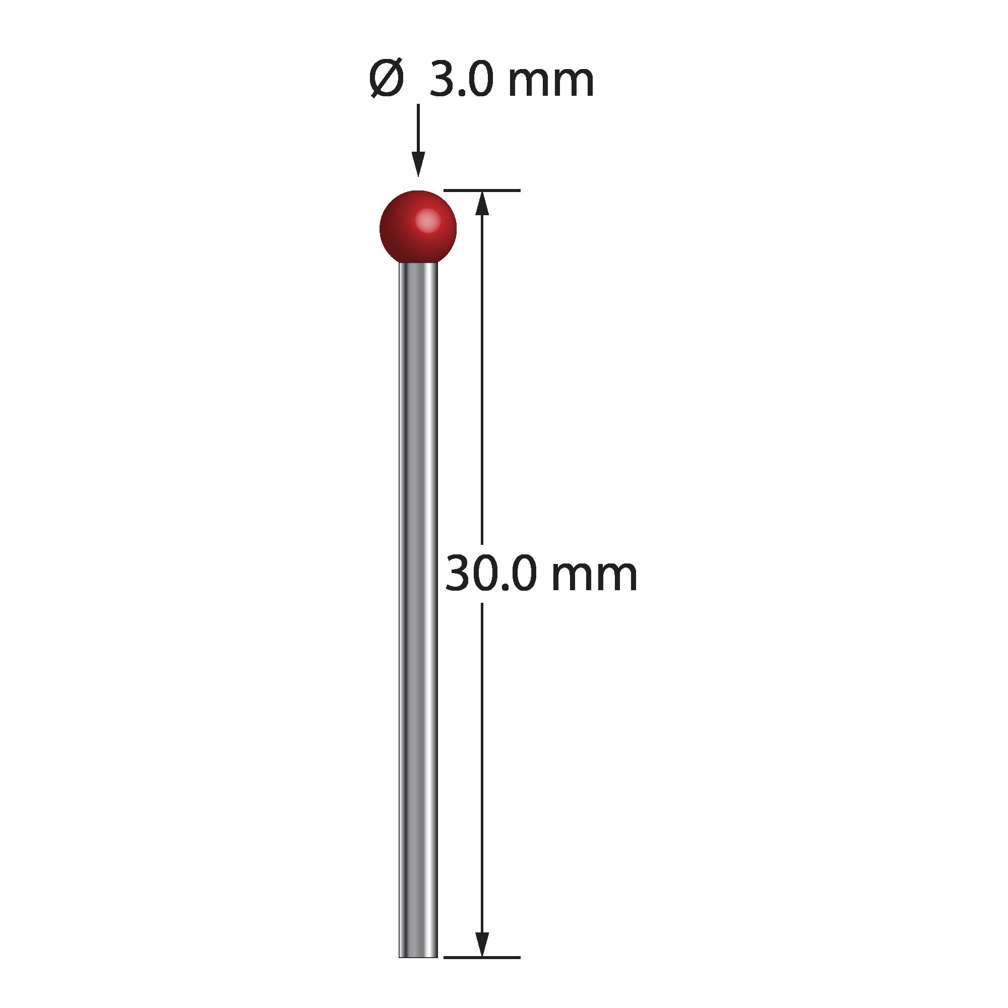 TST-3030 unthreaded stylus with 3.0mm ruby ball and carbide stem, 30.0mm long.