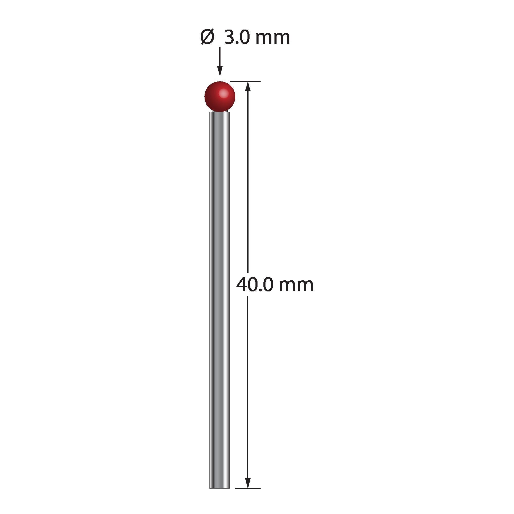 TST-3040 unthreaded stylus with 3.0mm ruby ball, 2.0mm carbide stem, 40.0mm length by Q-Mark Manufacturing, Inc.