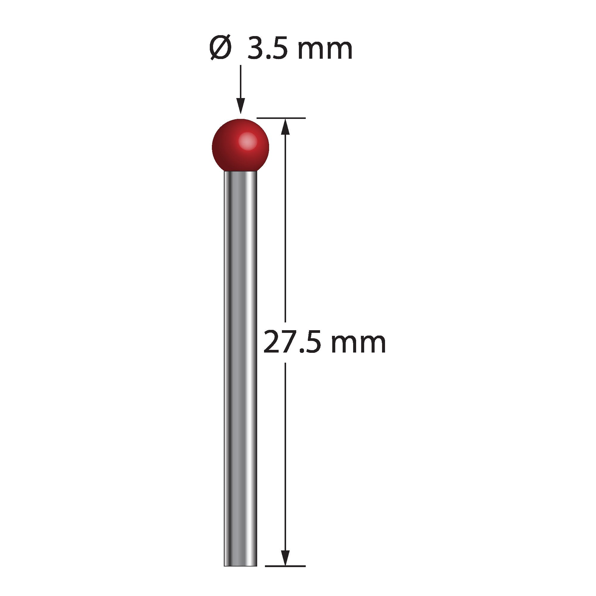 TST-3527.5 stylus with 3.5mm ruby ball, 2.0mm carbide stem, 27.5mm length.