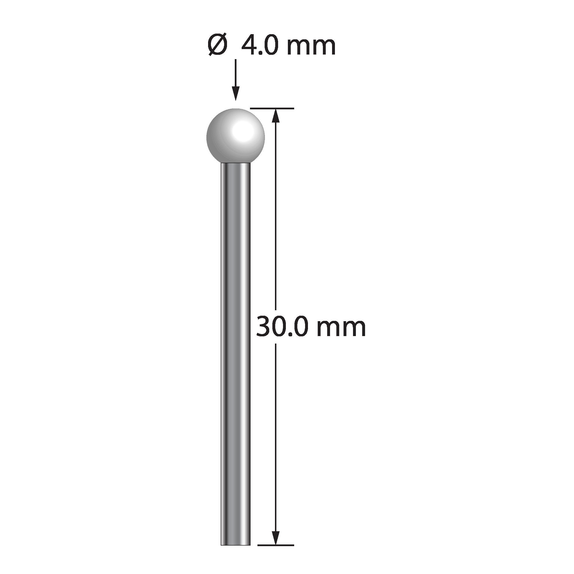 TST-4030-Z unthreaded stylus with 4.0mm zirconia ball, 2.0mm carbide stem, 30.0mm length by Q-Mark Manufacturing, Inc.