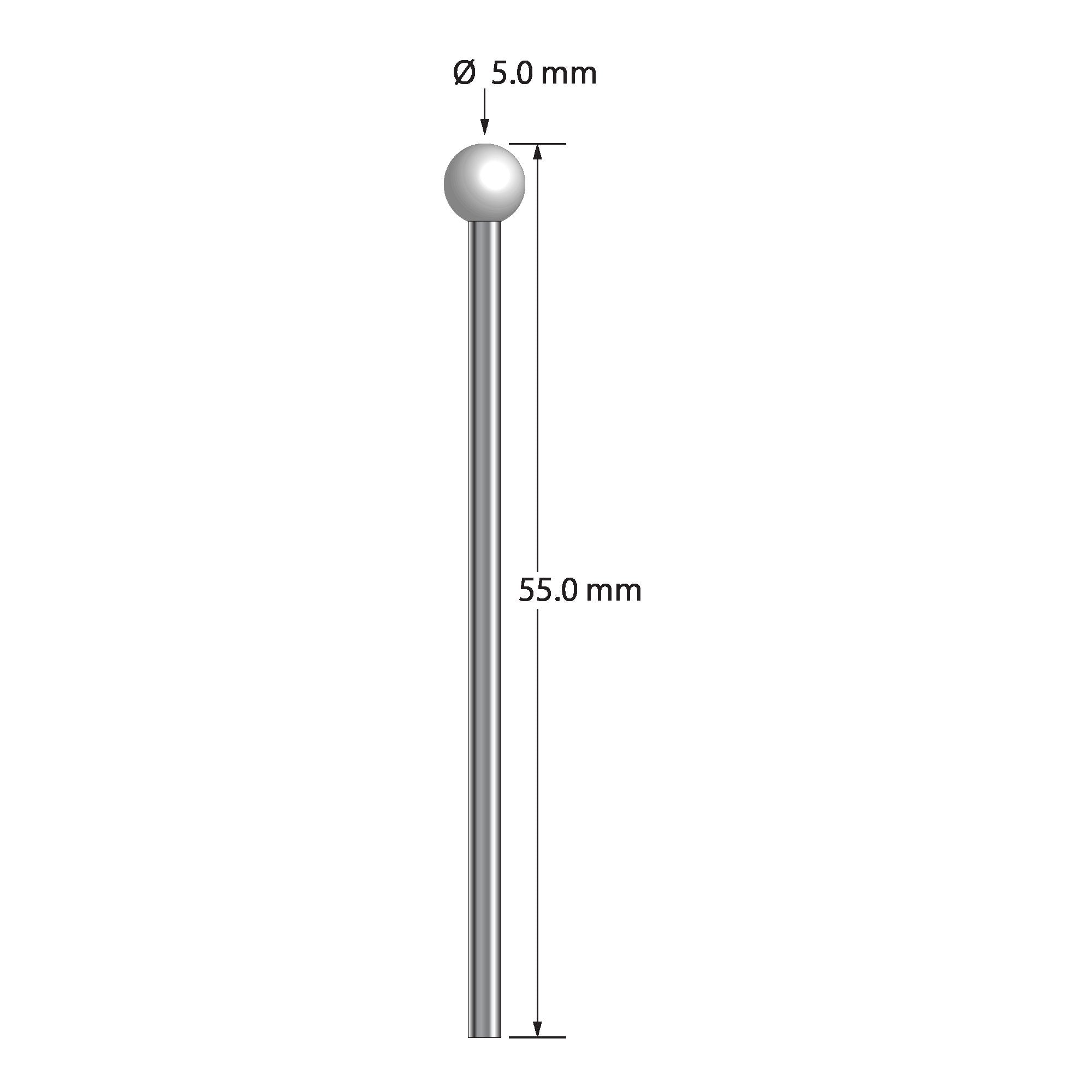 TST-5055-Z unthreaded stylus with 5.0mm zirconia ball, 2.0mm carbide stem, 55.0mm long by Q-Mark Manufacturing, Inc.