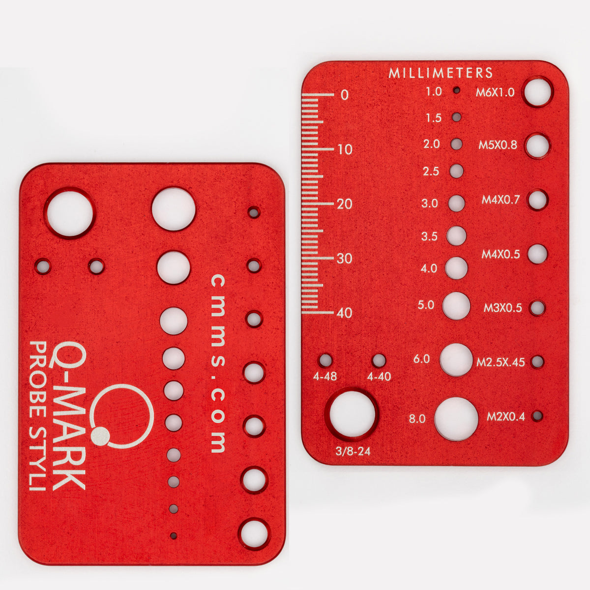Thread Card M2-3/8-24, 1.0-6.0mm holes, red anodized aircraft aluminum, 40mm scale by Q-Mark Manufacturing, Inc.