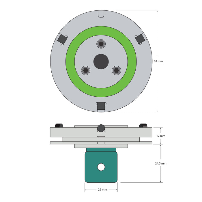 VAST adapter plate with hard anodized aluminum cube and ID-chip. 69.0 mm diameter. Weight is 140.86 grams. Compare to Zeiss 600667-9612-000, Zeiss 600667-9601-000, and Renishaw A-5555-0255.