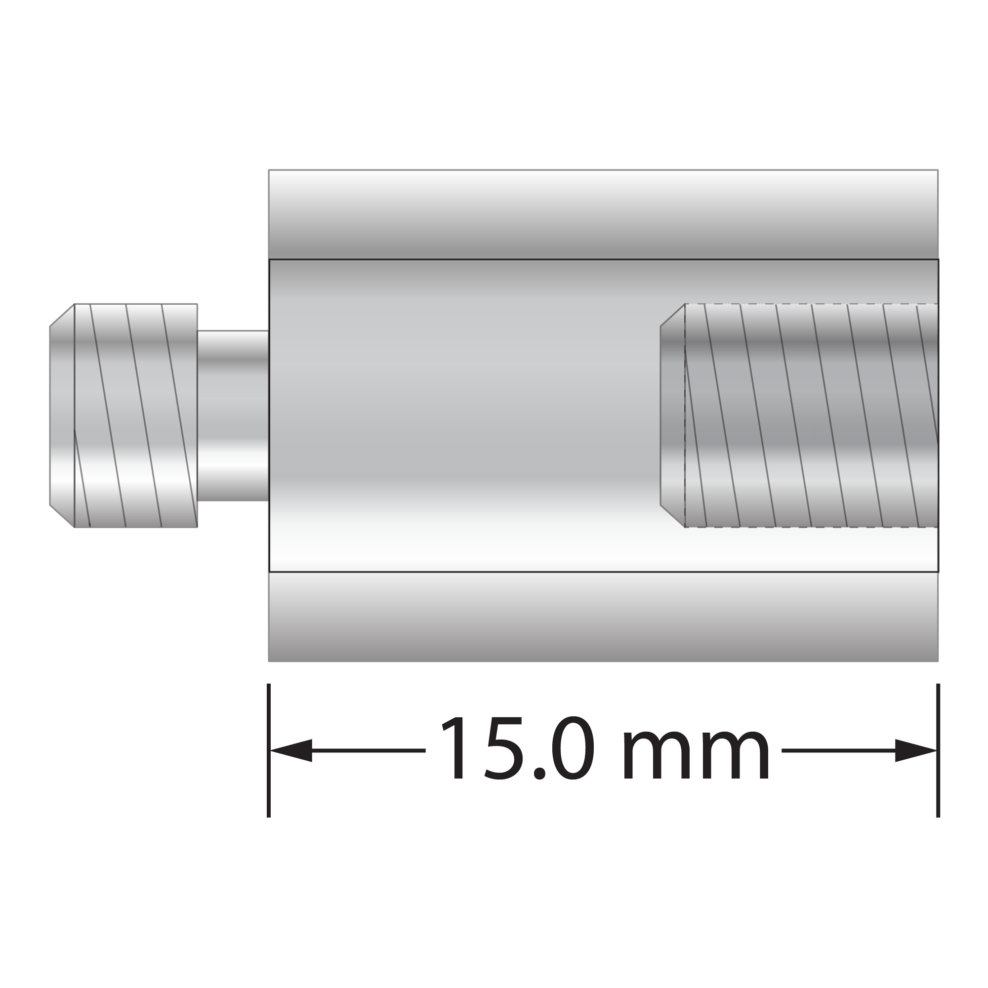 VM5-12.15-A M5 extension, hard anodized aluminum, 11.0mm diameter x 15.0mm long, with machined flats.