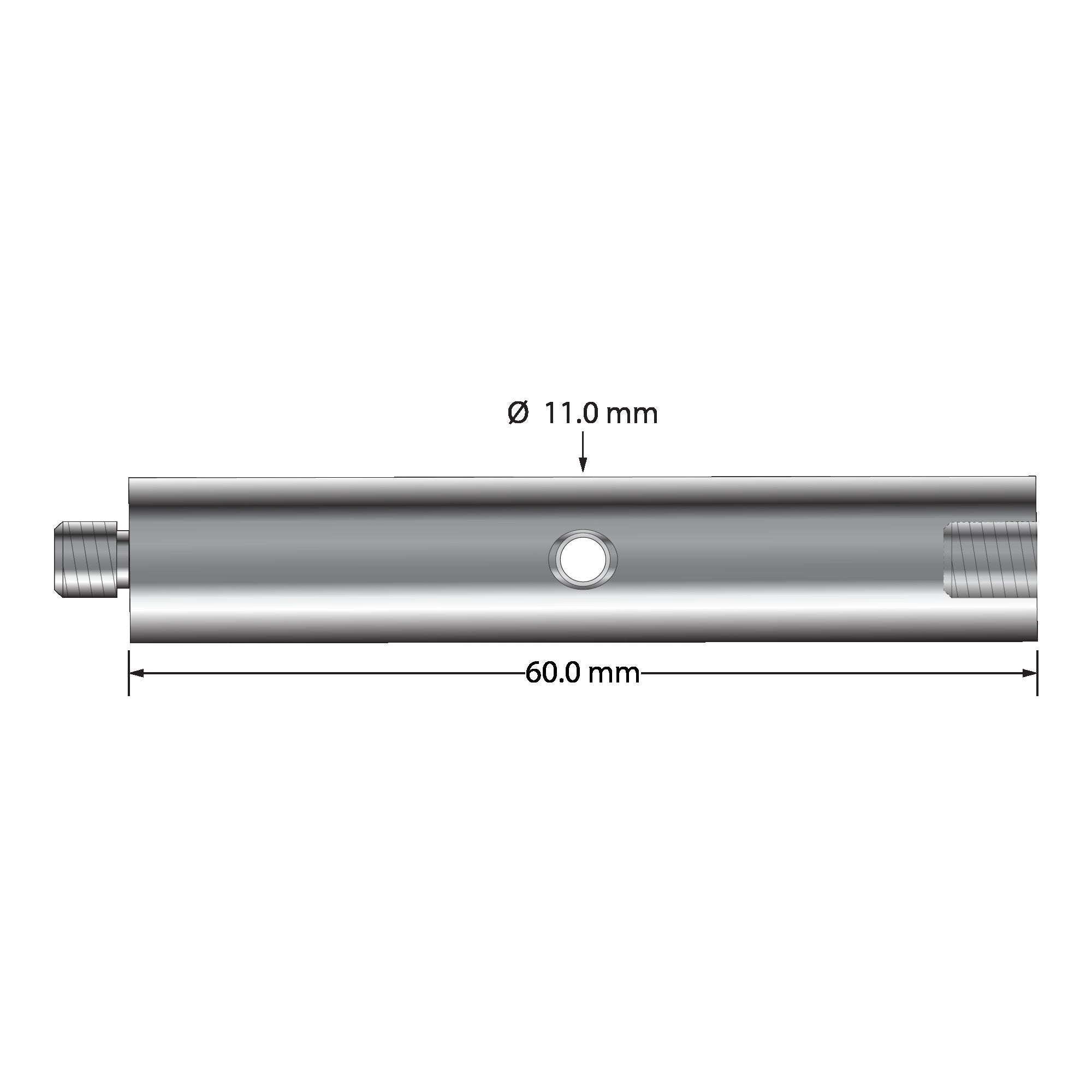 VM5-12.60-A M5 extension, 11mm hard anodized aluminum, 60mm long, with stainless steel lined wrench hole.
