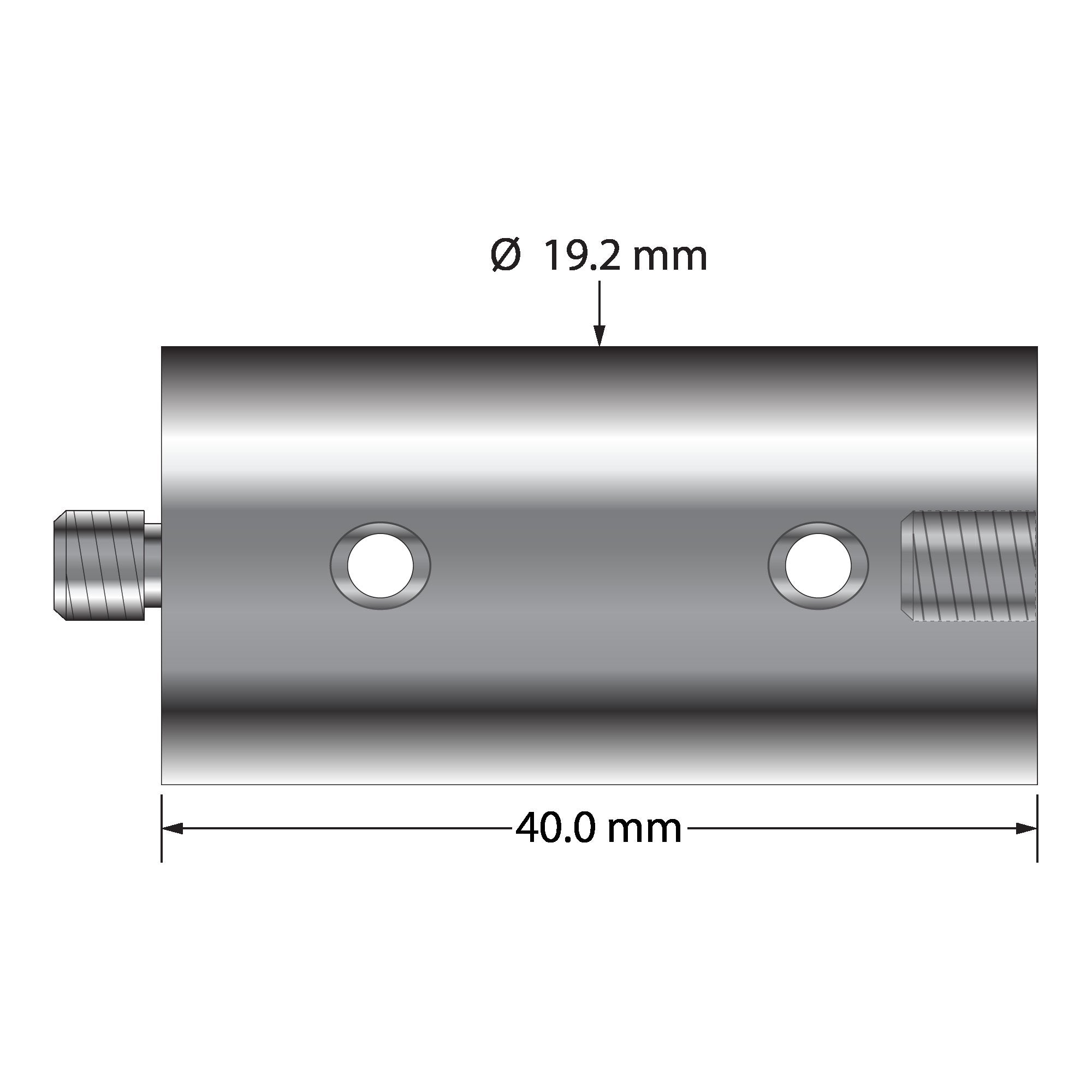 VM5-18.40-TT M5 titanium extension, 19.2mm diameter, 40.0mm length, with two wrench holes.