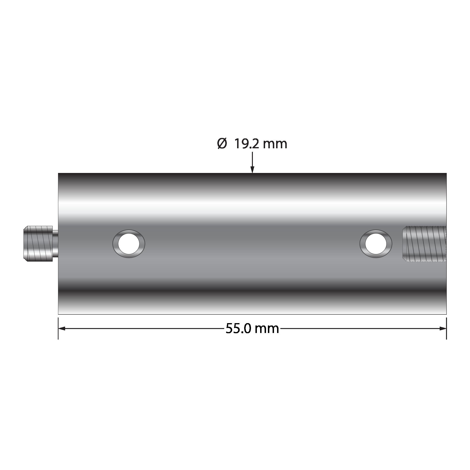 VM5-18.55-TT M5 extension, 19.2mm diameter seamless titanium tubing with welded end caps, 55.0mm long.