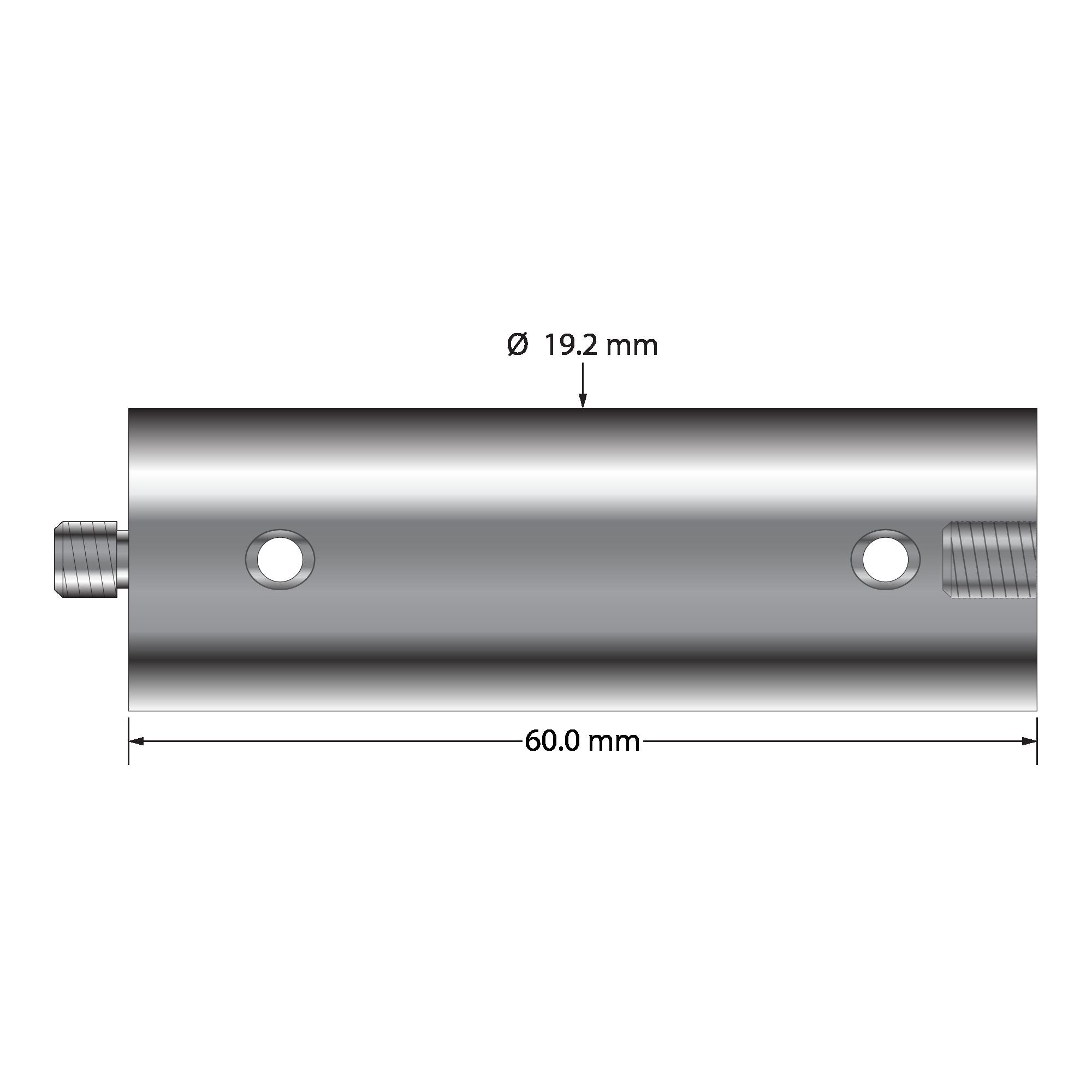 VM5-18.60-TT M5 titanium extension, 19.2mm diameter, 60.0mm long, with two wrench holes.
