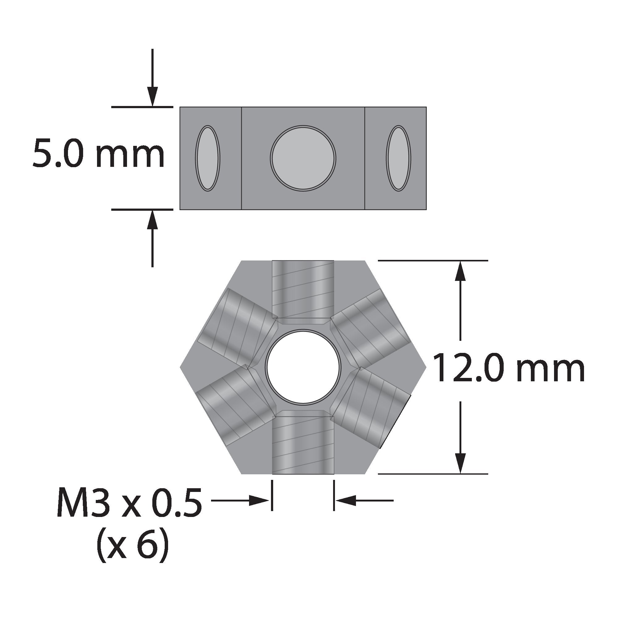XXT-HUB-6 M3 titanium six-sided hub with six threaded holes and center hole.