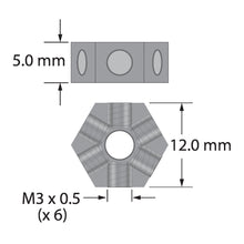 XXT-HUB-6 M3 titanium six-sided hub with six threaded holes and center hole.
