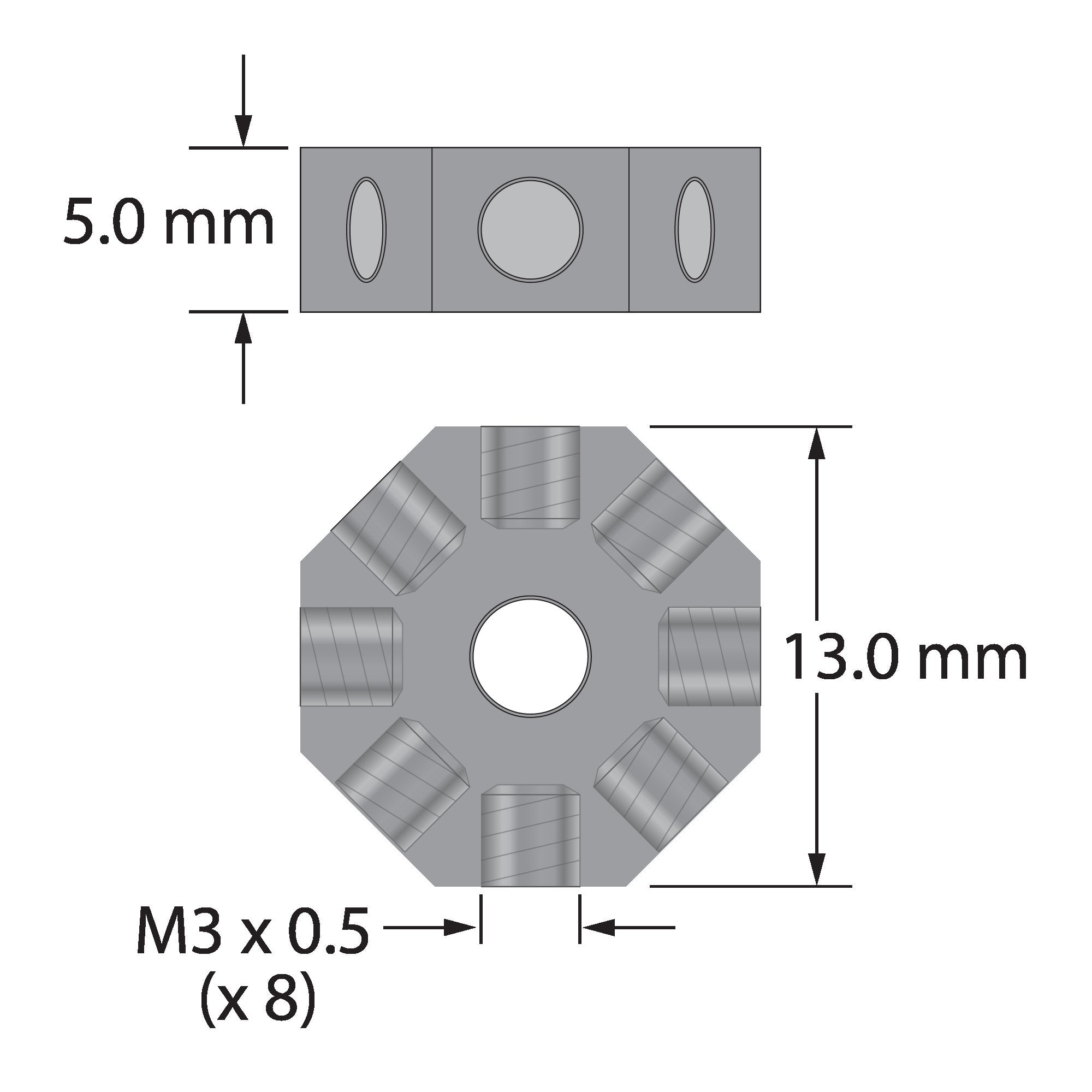 XXT-HUB-8 M3 titanium eight-sided hub with eight threaded holes and a center hole.