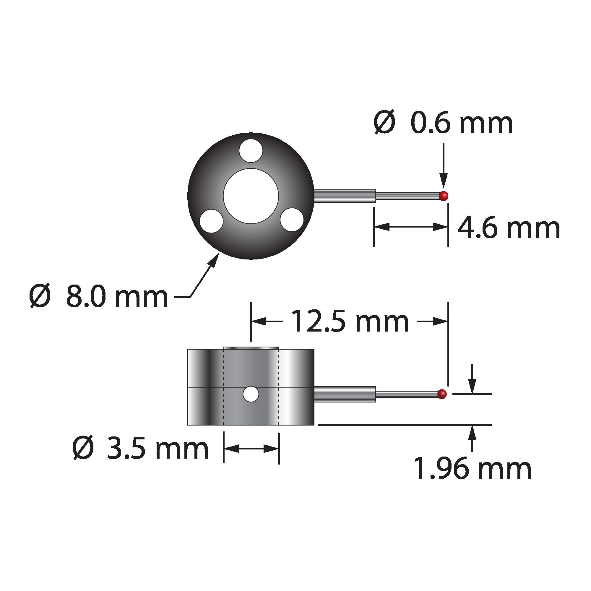 XXT-LSTR-0612.5 single-side star stylus with 0.6mm ruby ball and titanium hub by Q-Mark.