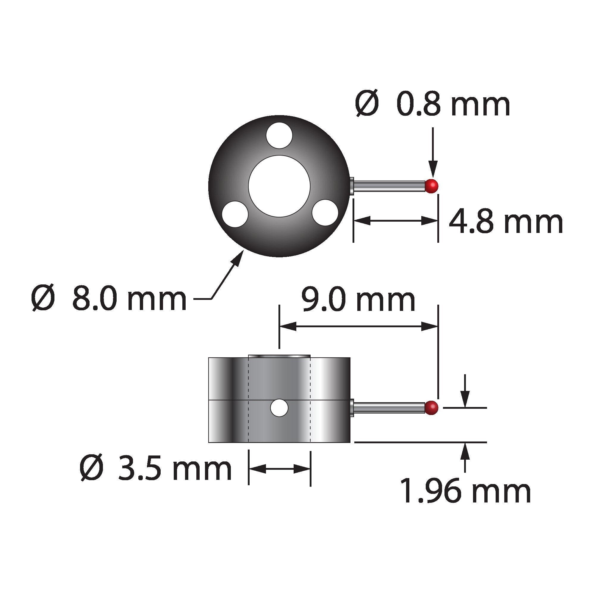 XXT-LSTR-0809 star stylus, 0.8mm ruby ball, stepped carbide stem, titanium hub.