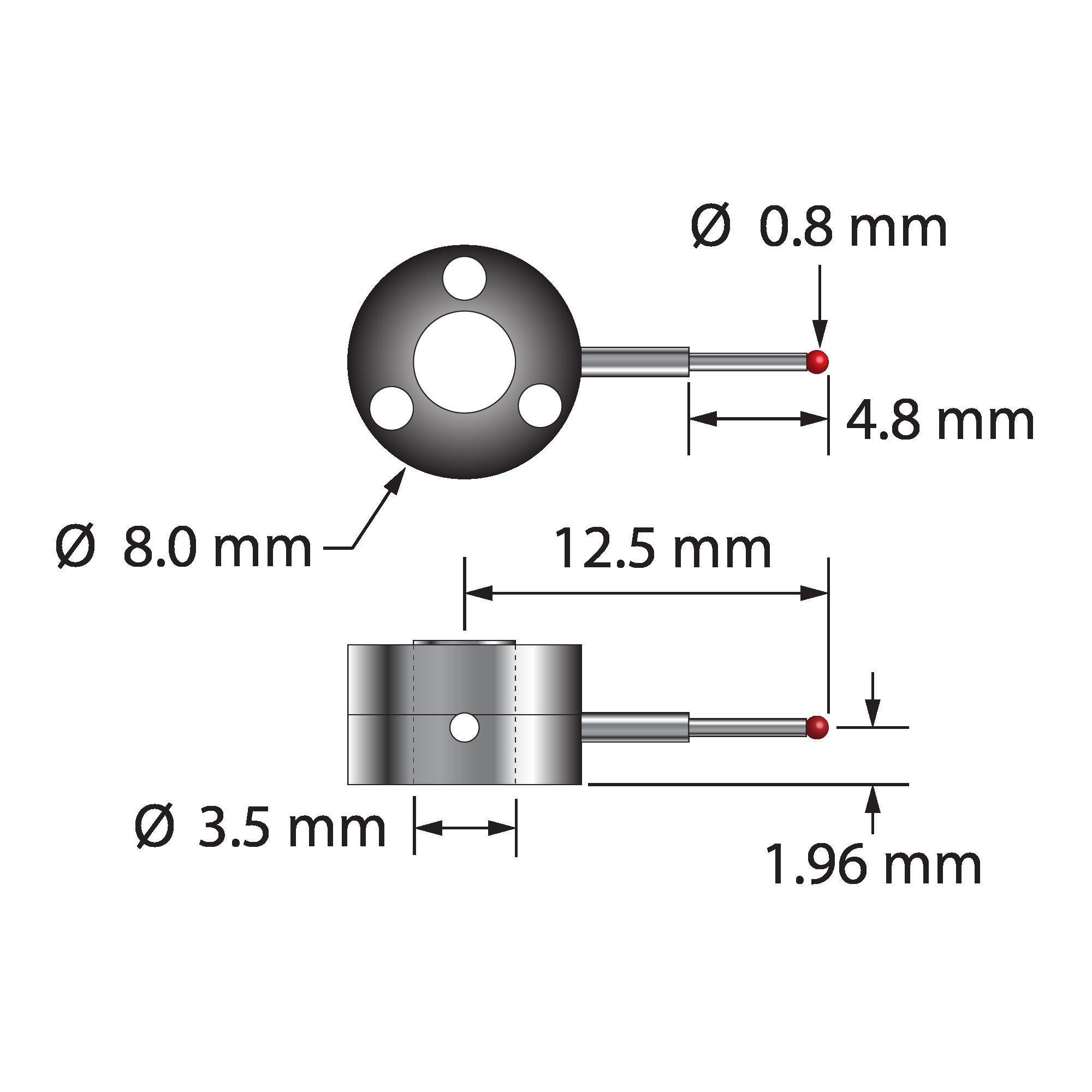 XXT-LSTR-0812.5 single-side star stylus with 0.8mm ruby ball and titanium hub by Q-Mark.