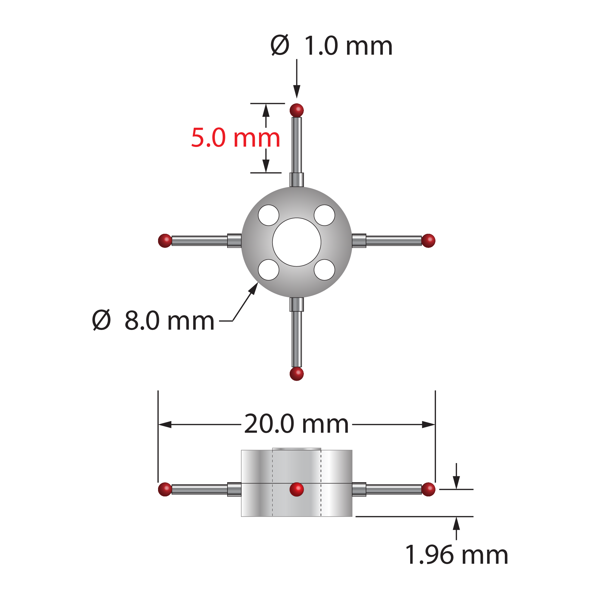 XXT-STR-1020 four-way star stylus with 1.0mm ruby balls, carbide stems, and titanium hub.