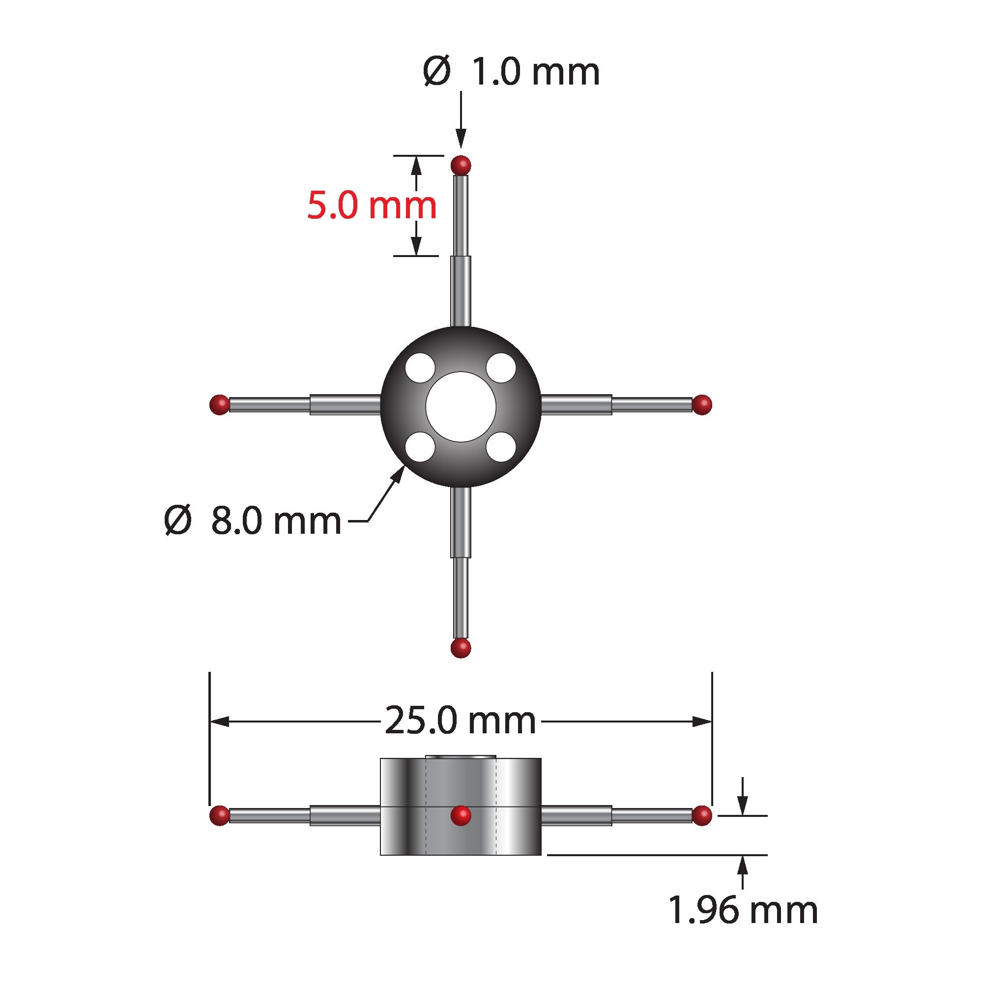 XXT-STR-1025 star stylus with 1.0mm ruby balls, carbide stems, and titanium hub by Q-Mark Manufacturing, Inc.