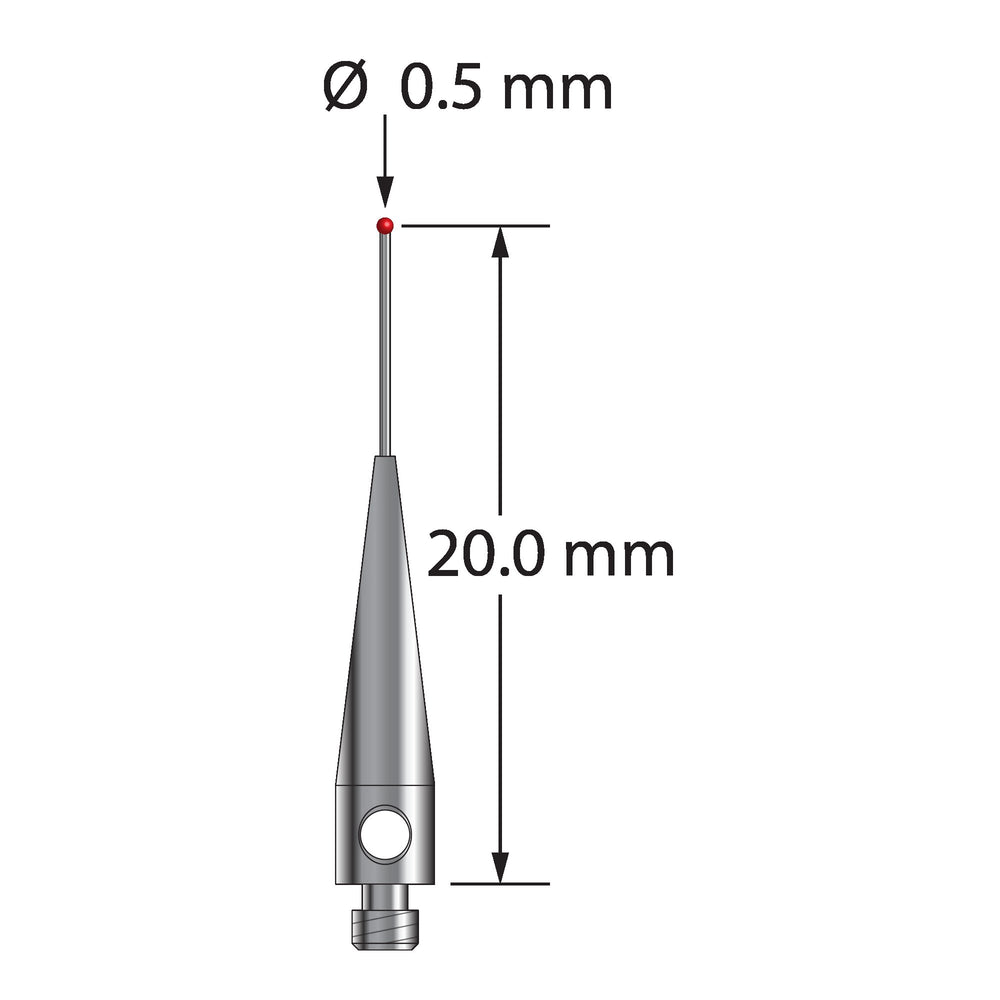 M2 stylus with 0.5 mm diameter ruby ball, 0.3 mm diameter carbide stem, and 3.0 mm diameter x 13.0 mm long stainless steel base.  Stylus length to ball center is 20.0 mm.  Stylus weight is 0.30 gram.  Compare to Renishaw A-5003-1345.
