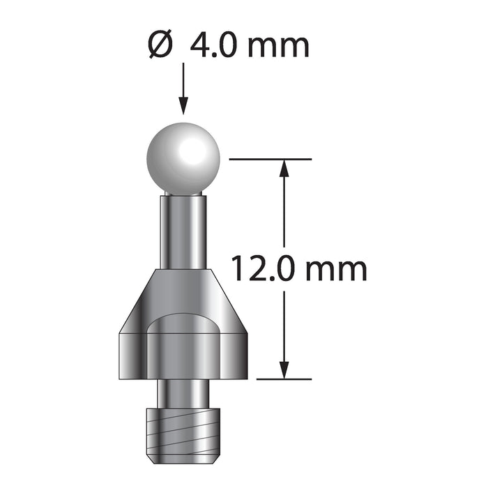 M4 stylus for Faro Quantum arm CMM with 4.0 mm diameter zirconia ball, 2.5 mm diameter carbide stem, and 7.0 mm diameter stainless steel base with wrench flats.  Stylus length to ball center is 12.0 mm.  Compare to Metrology Works QT-PRS-4MM-ZIR.
