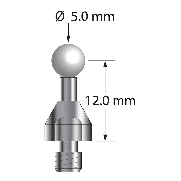 M4 stylus for Faro Quantum arm CMM with 3.0 mm diameter zirconia ball, 2.5 mm diameter carbide stem, and 7.0 mm diameter stainless steel base with wrench flats.  Stylus length to ball center is 12.0 mm.  Compare to Metrology Works QT-PRS-5MM-ZIR.