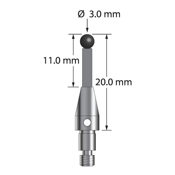 XXT clamping stylus with 3.0 mm diameter silicon nitride ball, 2.0 mm diameter Therm-X carbon fiber stem, and 5.0 mm diameter x 9.0 mm long titanium base.  Overall length is 20.0 mm.  Stylus weight is 0.72 gram.  Compare to Zeiss 626103-0311-020.