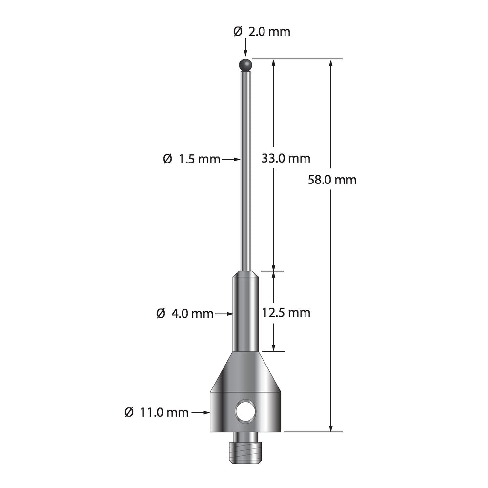 M5 stylus with 2.0 mm diameter silicon nitride ball, 1.5 mm diameter carbide stem, and 11.0 mm diameter by 25.0 mm long tapered stainless steel base.  Overall stylus length is 58.0 mm.  Stylus weight is 8.22 grams.  Compare to Zeiss 626115-0205-058.