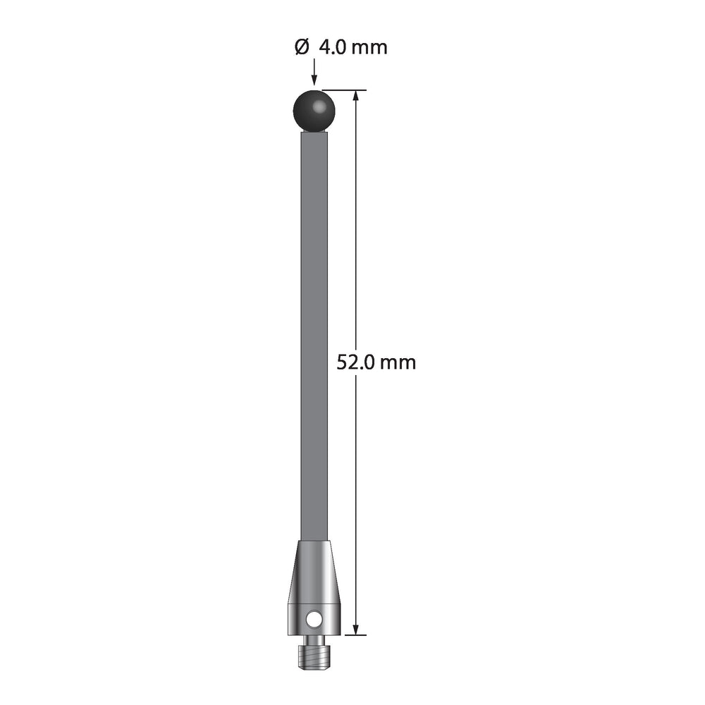 M3 stylus with 4.0 mm diameter silicon nitride ball, 2.5 mm diameter carbon fiber stem, and 5.0 mm diameter x 9.0 mm long titanium base.  Overall stylus length is 52.0 mm.  Stylus weight is 0.95 gram.
