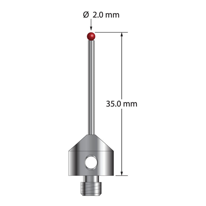 M5 stylus with 2.0 mm diameter ruby ball, 1.5 mm diameter carbide stem, and 11.0 mm diameter x 10.0 mm long stainless steel base.  Overall stylus length is 35.0 mm.  Stylus weight is 6.20 grams.  Compare to Zeiss 626115-0205-035.
