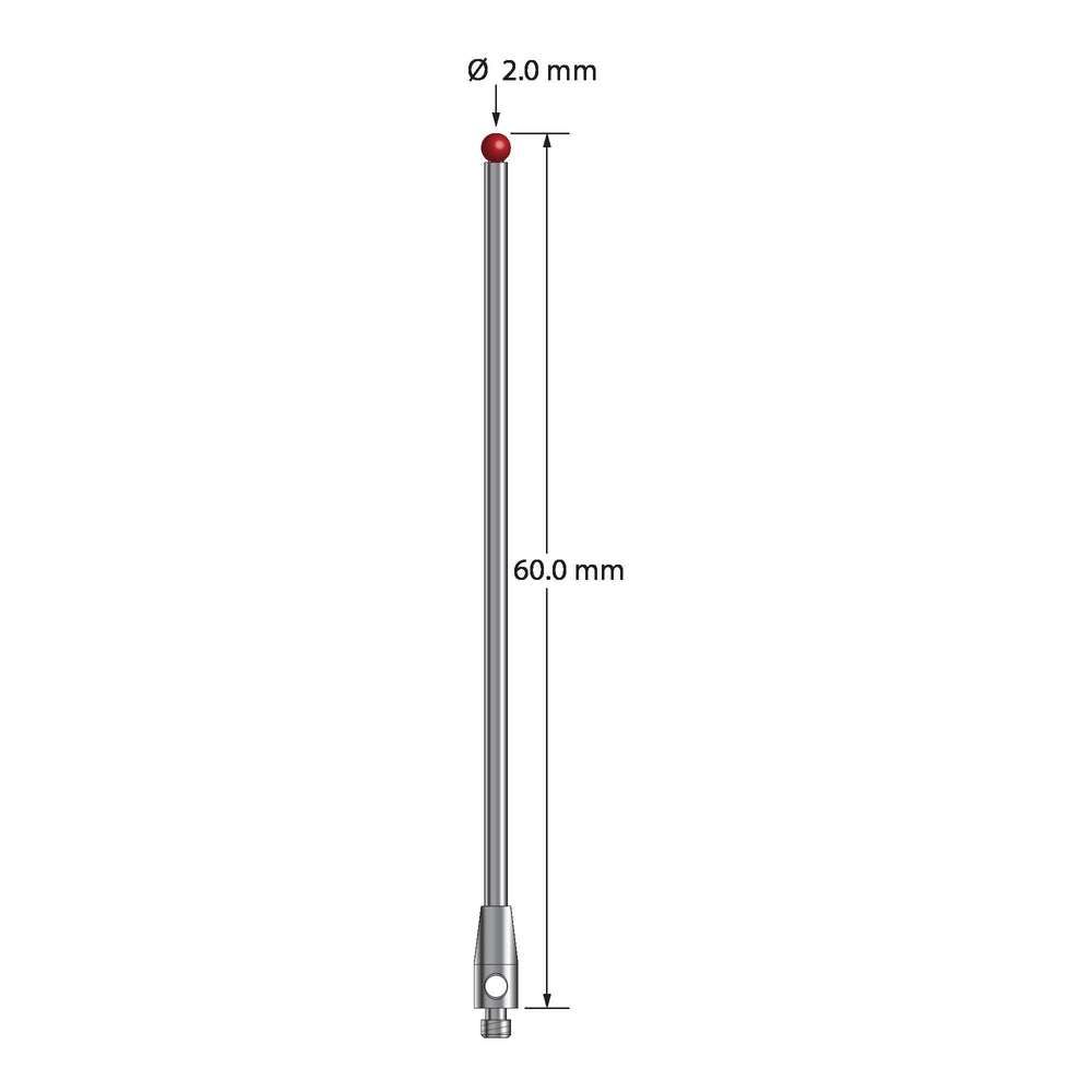 M2 stylus with 2.0 mm diameter ruby ball, 1.5 mm diameter carbide stem, and 3.0 mm diameter x 7.0 mm long stainless steel base.  Overall stylus length is 60.0 mm.  Stylus weight is 1.69 grams.