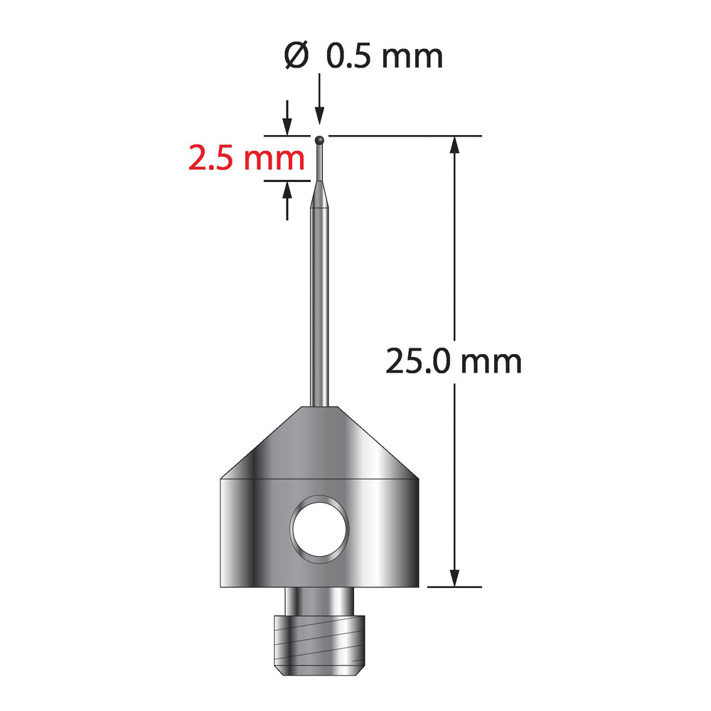 M5 stylus with 0.5 mm diameter silicon nitride ball, tapered carbide stem, and 11.0 mm diameter x 10.0 mm long stainless steel base.  Minor stem diameter is 0.3 mm, major diameter is 1.0 mm.  Overall stylus length is 25.0 mm.  Stylus weight is 5.72 grams.
