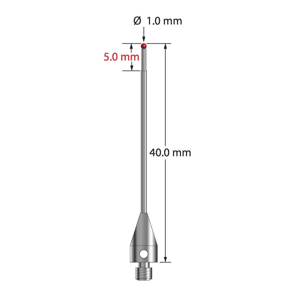 M3 stylus with 1.0 mm diameter ruby ball, stepped carbide stem, and 5.0 mm diameter x 9.0 mm long titanium base.  Minor stem diameter is 0.8 mm, major diameter is 1.0 mm.  Overall stylus length is 40.0 mm.  Stylus weight is 0.89 gram.  Compare to Zeiss 626113-0100-040.