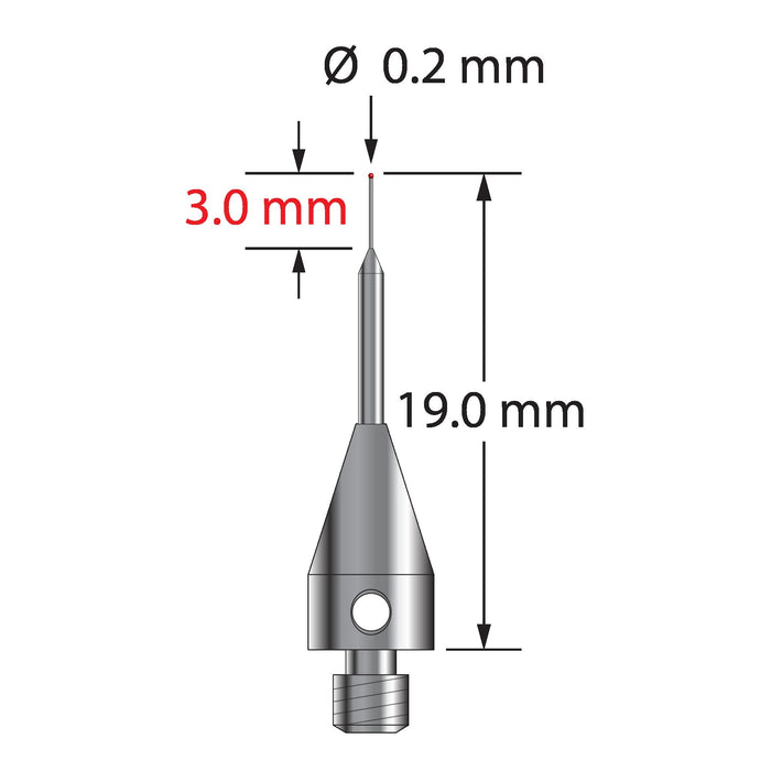 M3 Therm-X stylus with 0.2 mm diameter ruby ball, tapered carbide stem, and 5.0 mm diameter x 9.0 mm long titanium base.  Minor stem diameter is 0.15 mm, major diameter is 1.0 mm.  Overall stylus length is 19.0 mm.  Stylus weight is 0.61 gram.  Compare to Zeiss 626103-5144-019.