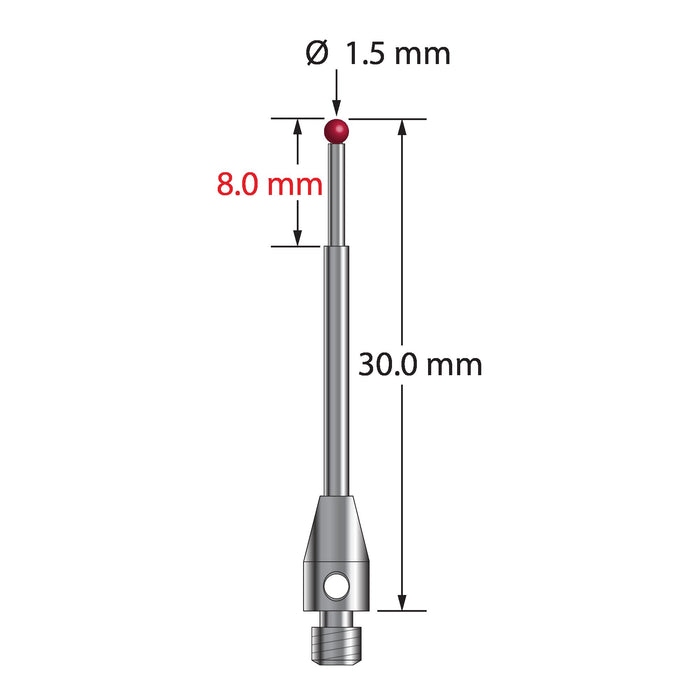 M3 stylus with 1.5 mm diameter ruby ball, stepped carbide stem, and 5.0 mm diameter x 8.0 mm long stainless steel base.  Major stem diameter is 1.5 mm, minor stem diameter is 1.0 mm.  Overall stylus length is 30.0 mm.  Stylus weight is 0.90 gram.