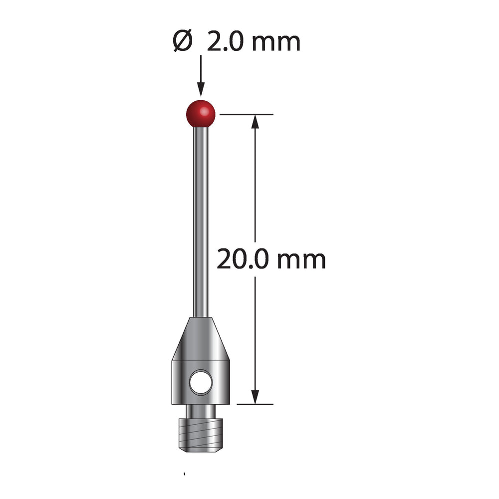 M3 stylus with 2.0 mm diameter ruby ball, 1.0 mm diameter carbide stem, and 4.0 mm diameter x 6.0 mm long stainless steel base.  Stylus length to ball center is 20.0 mm.  Stylus weight is 0.70 gram.