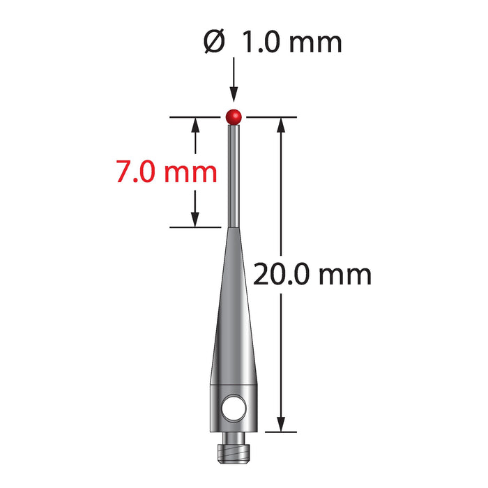 M2 stylus with 1.0 mm diameter ruby ball and stainless steel stem and base. Stem diameter is 0.7 mm.  Base diameter is 3.0 mm.  Stylus length to ball center is 20.0 mm.  Stylus weight is 0.42 gram.