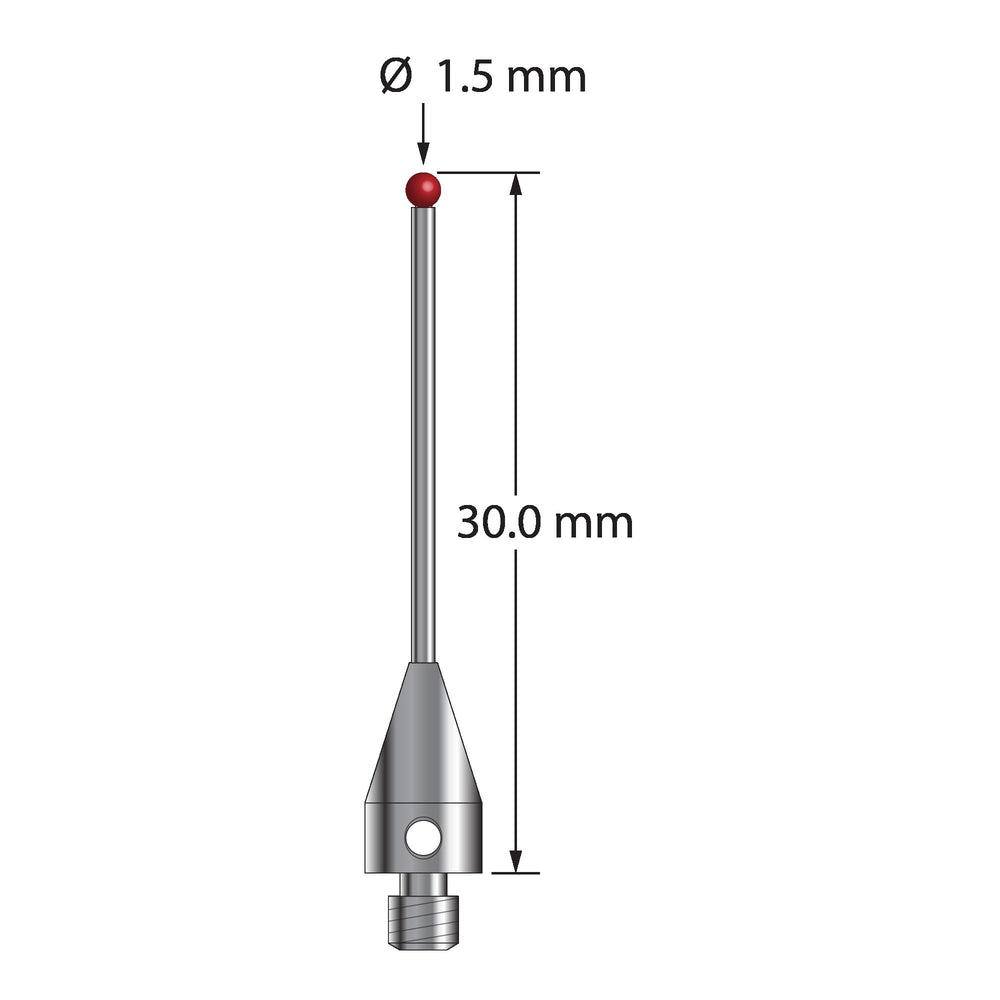 M3 stylus with 1.5 mm diameter ruby ball, 1.0 mm diameter carbide stem, and 5.0 mm diameter x 9.0 mm long titanium base.  Overall stylus length is 30.0 mm.  Stylus weight is 0.75 gram.  Compare to Zeiss 626113-0151-030.