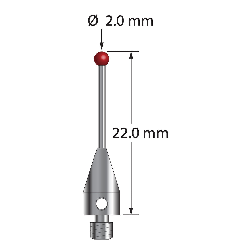 M3 XXT stylus with 2.0 mm diameter ruby ball, 1.0 mm diameter carbide stem, and 5.0 mm diameter x 9.0 mm long titanium base.  Overall stylus length is 22.0 mm.  Stylus weight is 0.66 gram.  Compare to Zeiss 626103-0244-022.