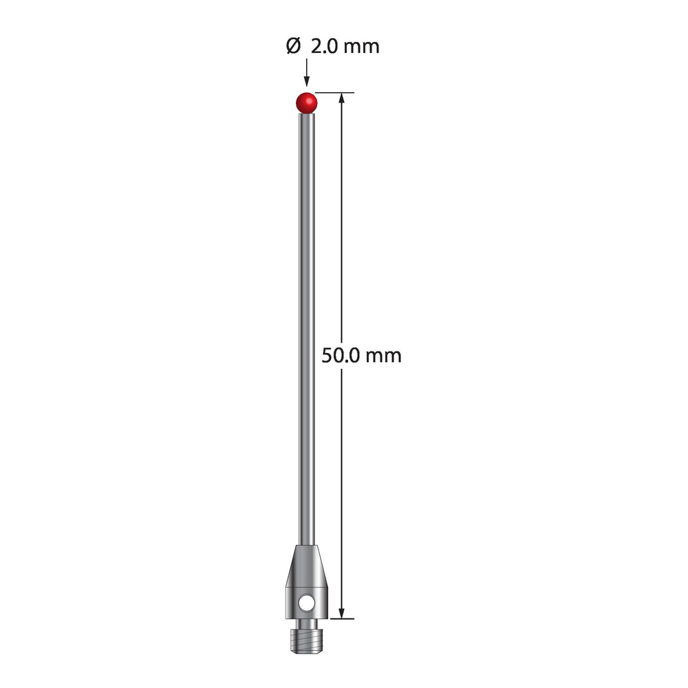 M3 stylus with 2.0 mm diameter ruby ball, 1.5 mm diameter carbide stem, and 4.0 mm diameter x 7.0 mm long stainless steel base.  Overall stylus length is 50.0 mm.  Stylus weight is 1.73 grams.
