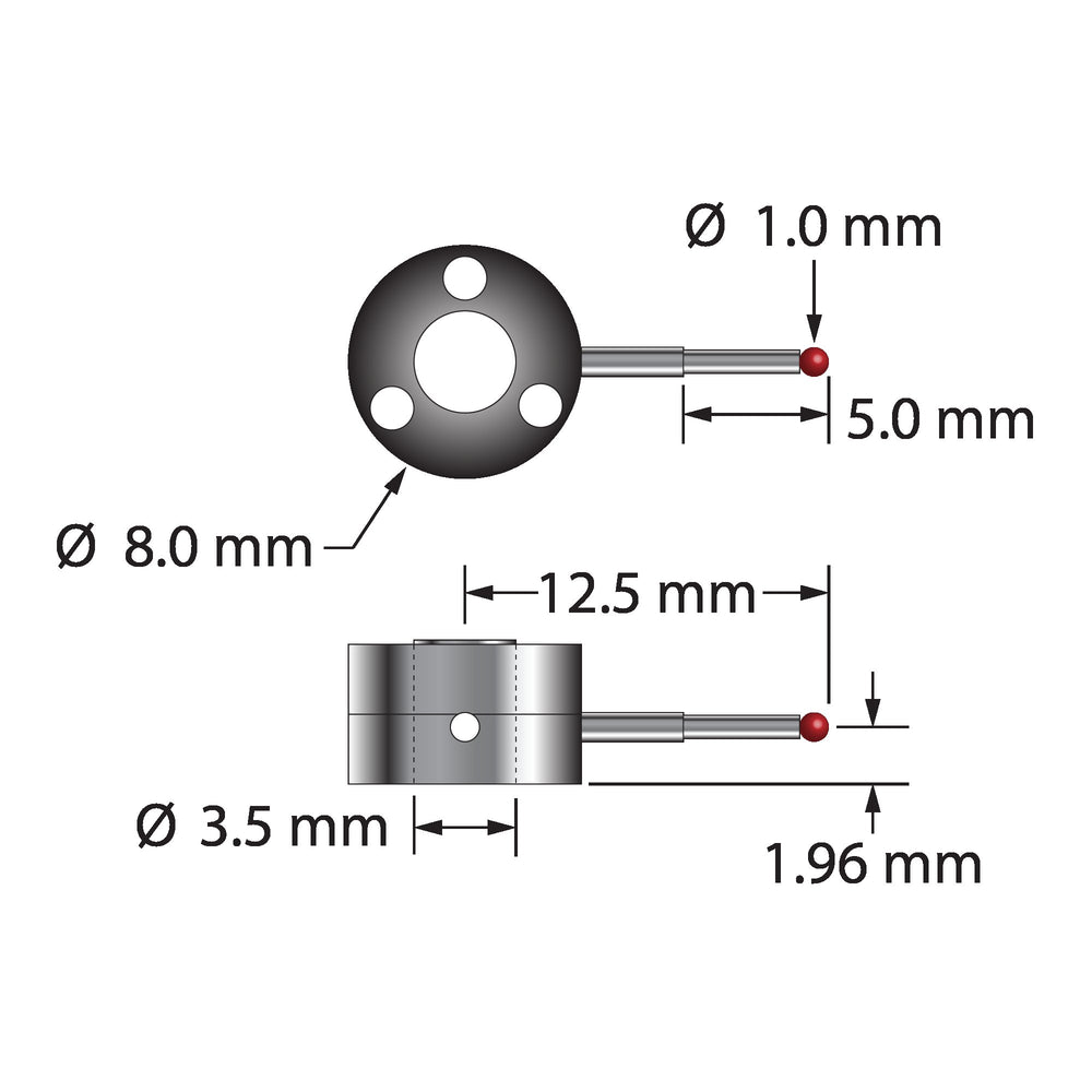Single-side star stylus with 1.0 mm diameter ruby ball, stepped carbide stem, and two-piece clamping titanium hub.  Minor stem diameter is 0.8 mm, major diameter is 1.0 mm.  Assembled stylus weight is 0.91 gram.  Compare to Zeiss 626103-0100-425.