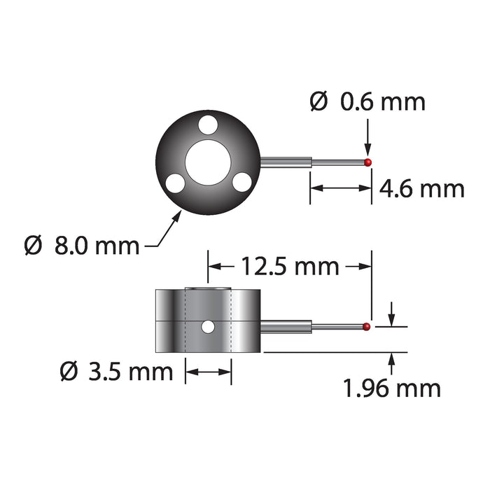 Single-side star stylus with 0.6 mm diameter ruby ball, stepped carbide stem, and two-piece clamping titanium hub.  Minor stem diameter is 0.4 mm, major diameter is 1.0 mm.  Assembled stylus weight is 0.92 gram.  Compare to Zeiss 626103-0060-425.