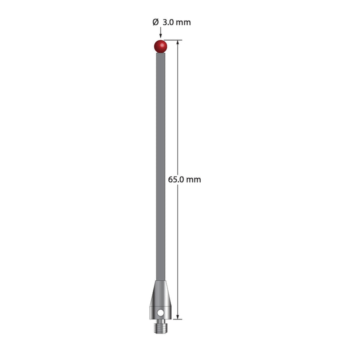 M3 stylus with 3.0 mm diameter ruby ball, 2.0 mm diameter carbon fiber stem, and 5.0 mm diameter x 9.0 mm long titanium base.   Overall stylus length is 65.0 mm.  Stylus weight is 0.76 gram.  Compare to Zeiss 626103-0300-065.