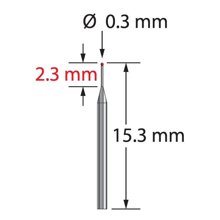 Unthreaded stylus with 0.3 mm diameter ruby ball and tapered carbide stem.  Minor stem diameter is 0.2 mm, major diameter is 1.0 mm.  Overall stylus length is 15.3 mm.  Stylus weight is 0.14 gram.