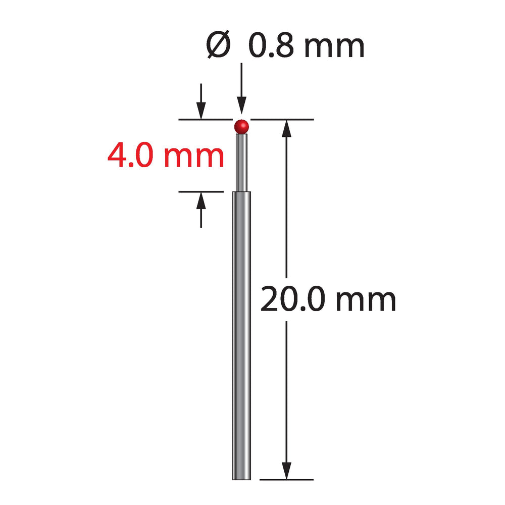 Unthreaded stylus with 0.8 mm diameter ruby ball and stepped carbide stem.  Major stem diameter is 1.0 mm, minor diameter is 0.6 mm.  Overall stylus length is 20.0 mm.  Stylus weight is 0.18 gram.