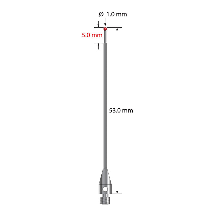 M3 stylus with 1.0 mm diameter ruby ball, stepped carbide stem, and 4.0 mm diameter x 9.0 mm long stainless steel base.  Major stem diameter is 1.0 mm, minor diameter is 0.8 mm.  Overall stylus length is 53.0 mm.  Stylus weight is 1.12 grams.  Compare to Zeiss 626113-0100-053.
