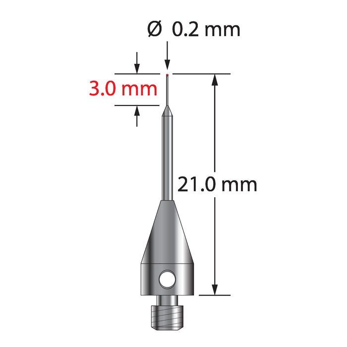 M3 Therm-X stylus with 0.2 mm diameter ruby ball, tapered carbide stem, and 5.0 mm diameter x 9.0 mm long titanium base.  Minor stem diameter is 0.15 mm, major diameter is 1.0 mm.  Overall stylus length is 21.0 mm.  Stylus weight is 0.63 gram.  Compare to Zeiss 626103-5144-021.