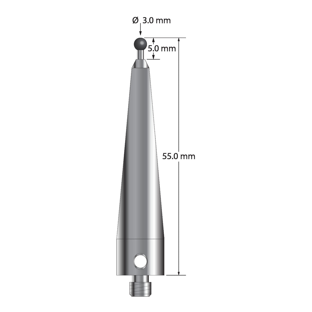 M5 stylus with 3.0 mm diameter silicon nitride ball, 1.5 mm diameter carbide stem, and 11.0 mm diameter by 50.0 mm long tapered stainless steel base.  Overall stylus length is 55.0 mm.  Stylus weight is 22.47 grams.