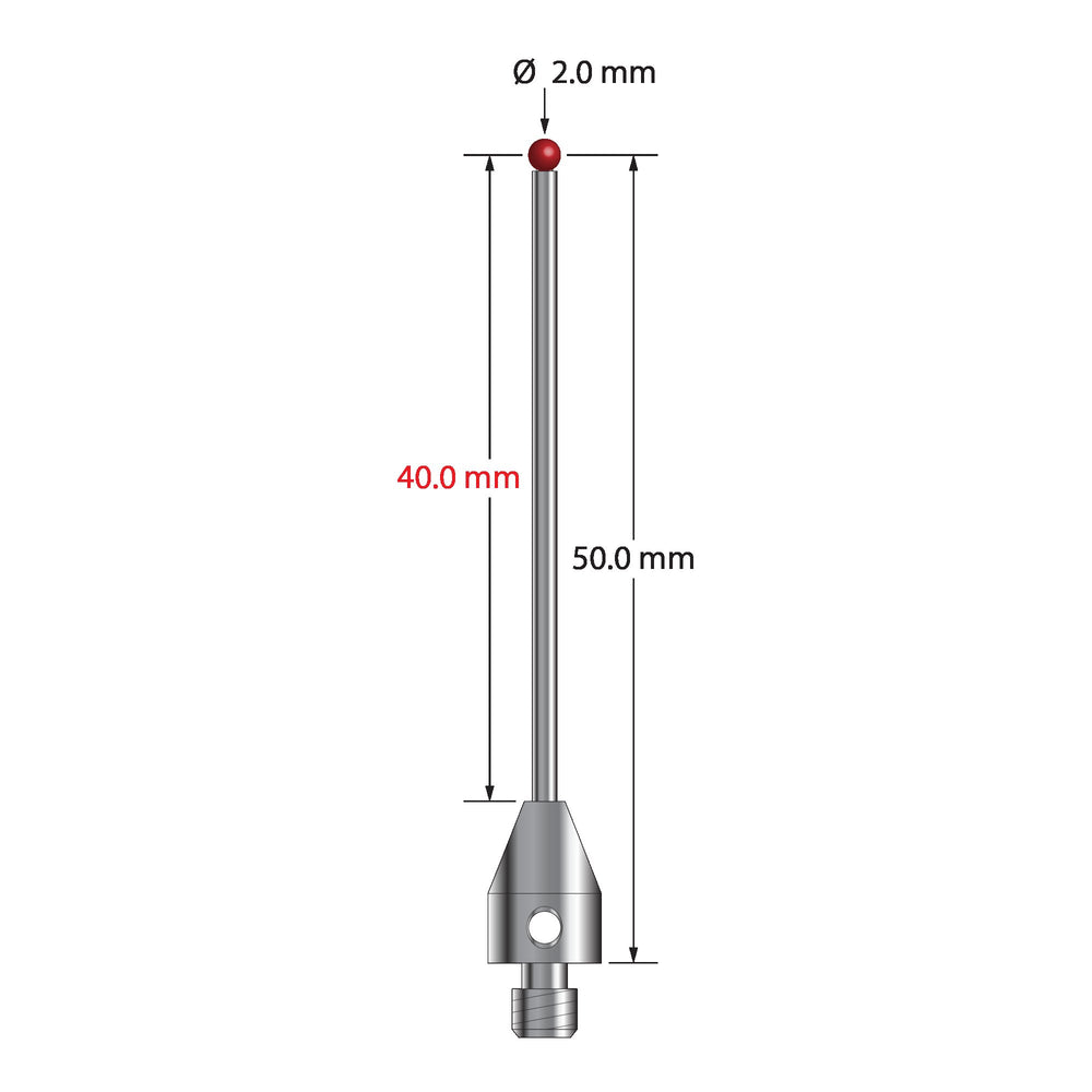 M4 stylus with 2.0 mm diameter ruby ball, 1.5 mm diameter carbide stem, and 7.0 mm diameter x 10.0 mm long stainless steel base.  Stylus length to ball center is 50.0 mm.  Stylus weight is 3.19 grams.  Compare to Renishaw A-5003-4797.