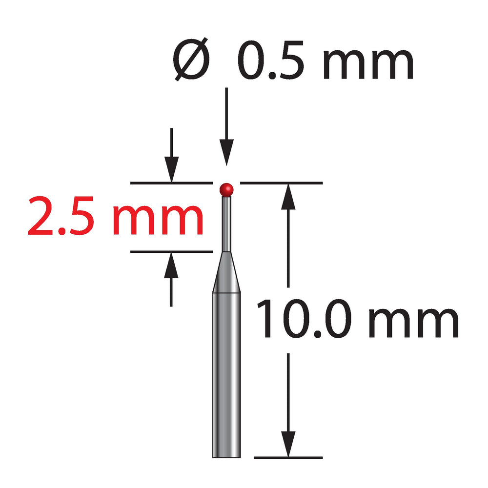 Unthreaded stylus with 0.5 mm diameter ruby ball and tapered carbide shaft.  Minor shaft diameter is 0.3 mm, major diameter is 1.0 mm.  Overall stylus length is 10.0 mm.  Stylus weight is 0.11 gram.