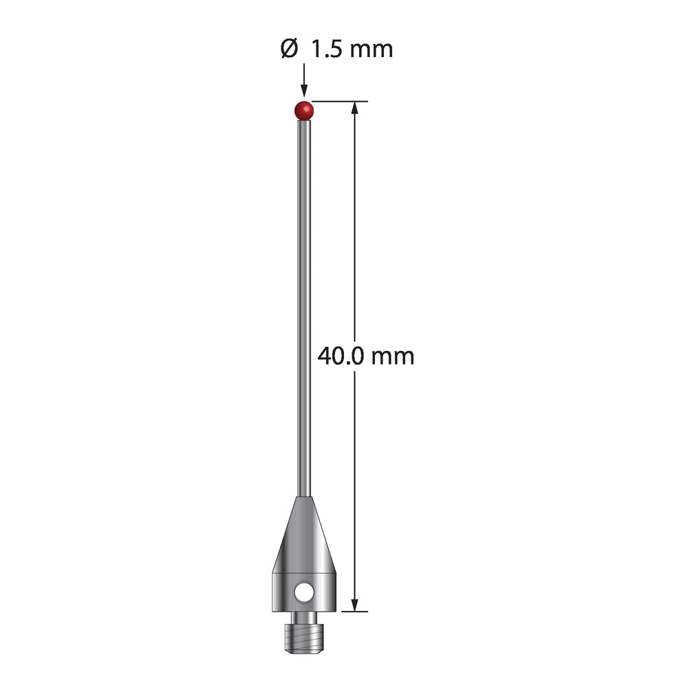 M3 stylus with 1.5 mm diameter ruby ball, 1.0 mm diameter carbide stem, and 5.0 mm diameter x 9.0 mm long titanium base.  Overall stylus length is 40.0 mm.  Stylus weight is 0.86 gram.  Compare to Zeiss 626113-0151-040.