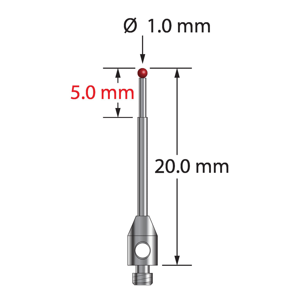 M2 stylus with 1.0 mm diameter ruby ball, stepped carbide stem, and 3.0 mm diameter x 5.0 mm long stainless steel base.  Minor stem diameter is 0.7 mm, major diameter is 1.0 mm.  Overall stylus length is 20.0 mm.  Stylus weight is 0.41 gram.