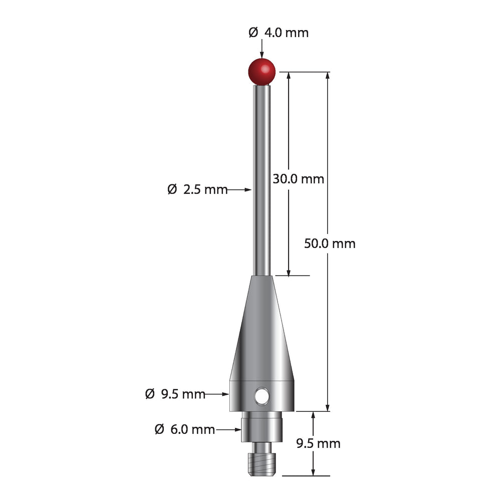 M4 stylus for Blum probe. 4.0 mm diameter ruby ball, 2.5 mm diameter carbide stem, and stainless steel base.  Stylus length to ball center is 50.0 mm.  Compare to Blum P03.8000-012.050.04.